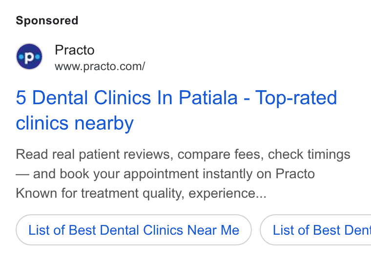 Practo ad on Google Ads: 5 Dental Clinics In Patiala - Top-rated clinics nearby Read real patient reviews, compare fees, check timings — and book your appointment instantly on Practo Known for treatment quality, experience... List of Best Dental Clinics Near Me ) ( List of Best Den