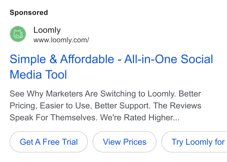 Loomly ad on Google Ads: Simple & Affordable - All-in-One Social Media Tool See Why Marketers Are Switching to Loomly. Better Pricing, Easier to Use, Better Support. The Reviews Speak For Themselves. We're Rated Higher... Get A Free Trial ( Try Loomly for