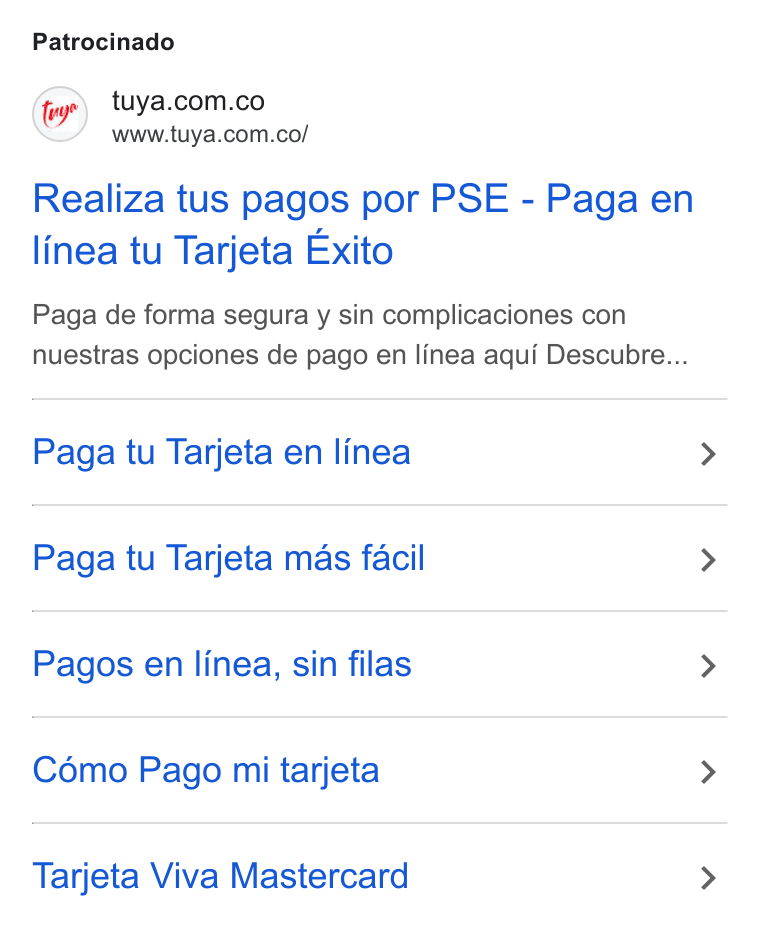Tuya ad on Google Ads: www.tuya.com.co/ Realiza tus pagos por PSE - Paga en linea tu Tarjeta Exito Paga de forma segura y sin complicaciones con nuestras opciones de pago en linea aqui Descubre... Paga tu Tarjeta en linea Paga tu Tarjeta mas facil Pagos en linea, sin filas Cémo Pago mi tarjeta Tarjeta Viva Mastercard