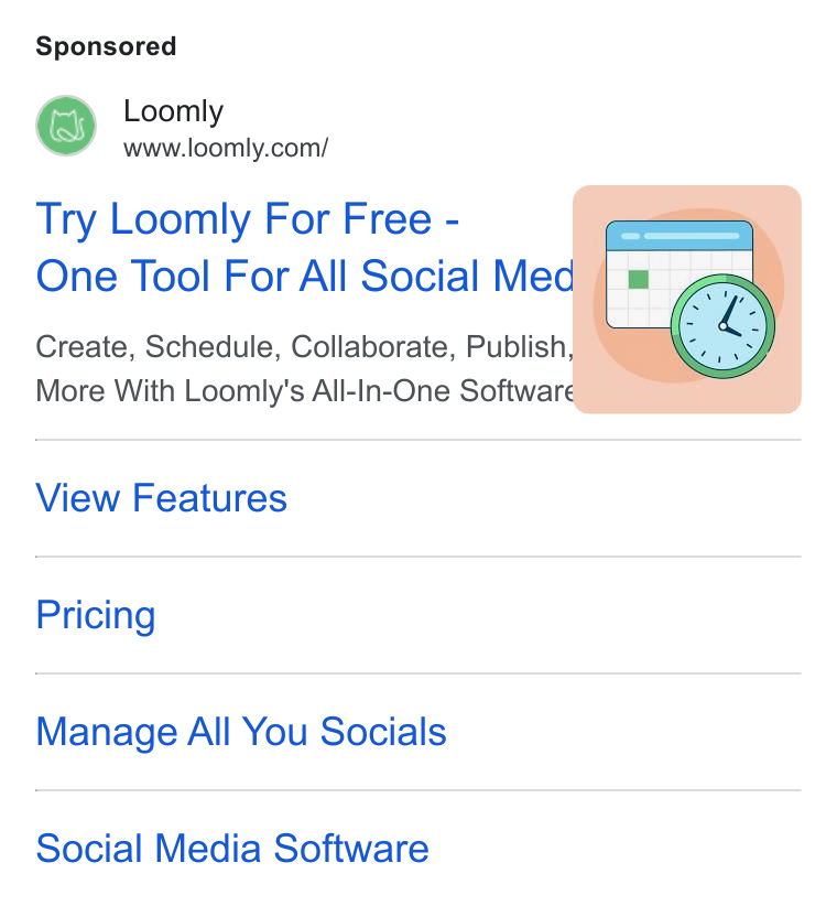 Loomly ad on Google Ads: Try Loomly For Free - One Tool For All Social Medh Create, Schedule, Collaborate, Publish More With Loomly's All-In-One Softward View Features Pricing Manage All You Socials Social Media Software
