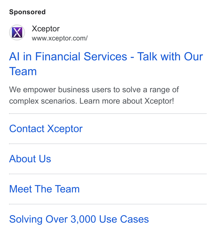 Xceptor ad on Google Ads: Al in Financial Services - Talk with Our Team We empower business users to solve a range of complex scenarios. Learn more about Xceptor! Contact Xceptor About Us Meet The Team Solving Over 3,000 Use Cases