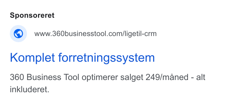 360 Business Tool ad on Google Ads: Komplet forretningssystem 360 Business Tool optimerer salget 249/maned - alt inkluderet.