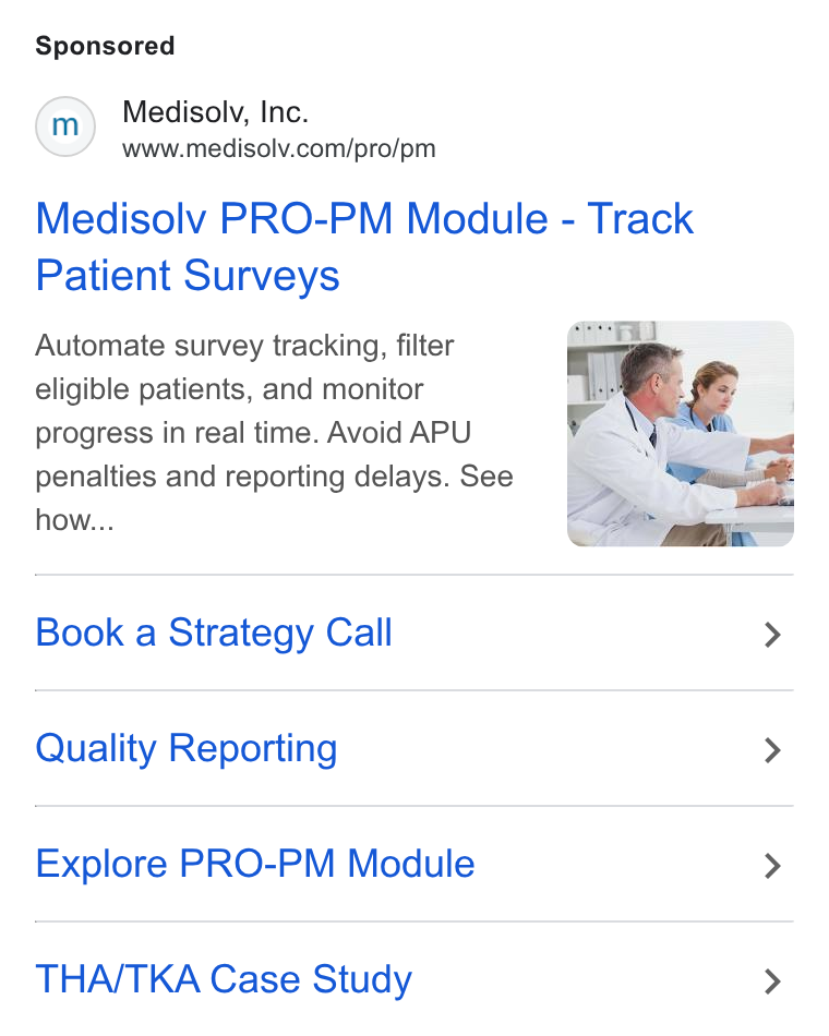 Medisolv ad on Google Ads: Medisoly PRO-PM Module - Track Patient Surveys Automate survey tracking, filter eligible patients, and monitor progress in real time. Avoid APU penalties and reporting delays. See how... Book a Strategy Call Quality Reporting Explore PRO-PM Module THA/TKA Case Study