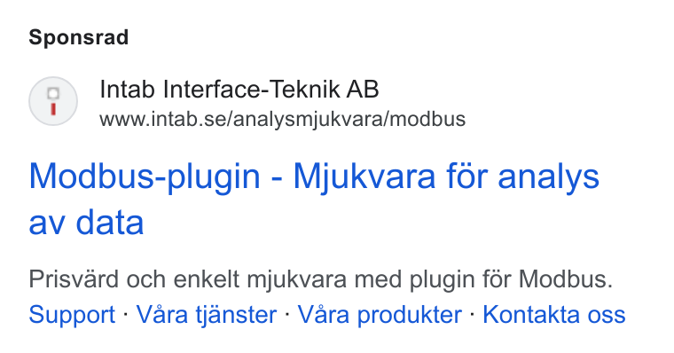 Upsales ad on Google Ads: Sponsrad Modbus-plugin - Mjukvara for analys av data Prisvard och enkelt mjukvara med plugin for Modbus. Support - Vara tjanster - Vara produkter - Kontakta oss