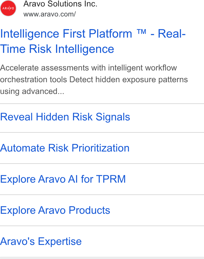 Aravo Solutions ad on Google Ads: Intelligence First Platform ™ - Real- Time Risk Intelligence Accelerate assessments with intelligent workflow orchestration tools Detect hidden exposure patterns using advanced... Reveal Hidden Risk Signals Automate Risk Prioritization Explore Aravo Al for TPRM Explore Aravo Products Aravo's Expertise