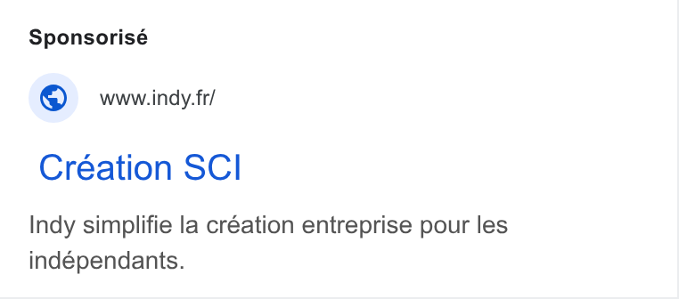 Indy ad on Google Ads: Création SCI Indy simplifie la création entreprise pour les indépendants.