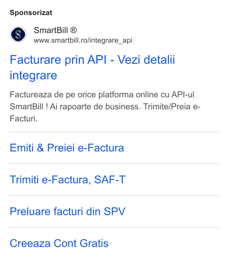 SmartBill ad on Google Ads: Sponsorizat Facturare prin API - Vezi detalii integrare Factureaza de pe orice platforma online cu API-ul Smart Bill ! Ai rapoarte de business. Trimite/Preia e- Facturi. Emiti & Preiei e-Factura Trimiti e-Factura, SAF-T Preluare facturi din SPV Creeaza Cont Gratis