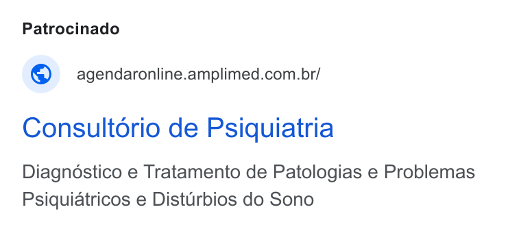 Amplimed ad on Google Ads: Consultorio de Psiquiatria Diagnostico e Tratamento de Patologias e Problemas Psiquiatricos e Disturbios do Sono