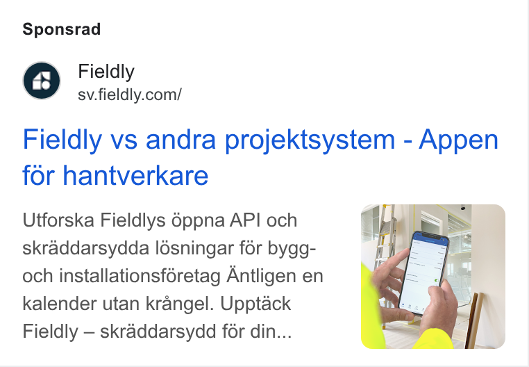 Fieldly ad on Google Ads: Sponsrad Fieldly vs andra projektsystem - Appen for hantverkare Utforska Fieldlys 6ppna API och skraddarsydda Idsningar for bygg- och installationsféretag Antligen en kalender utan krangel. Upptack Fieldly — skraddarsydd for din...