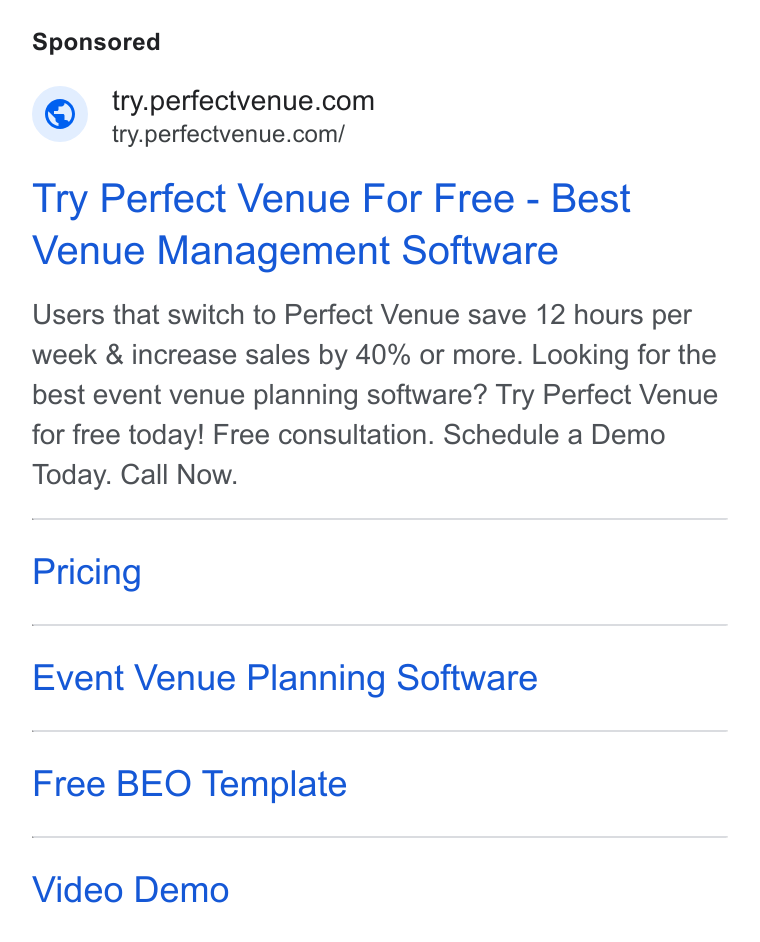 Perfect Venue ad on Google Ads: try.perfectvenue.com/ Try Perfect Venue For Free - Best Venue Management Software Users that switch to Perfect Venue save 12 hours per week & increase sales by 40% or more. Looking for the best event venue planning software? Try Perfect Venue for free today! Free consultation. Schedule a Demo Today. Call Now. Pricing Event Venue Planning Software Free BEO Template Video Demo