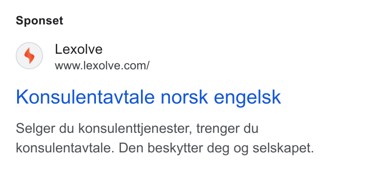 Lexolve ad on Google Ads: Sponset Konsulentavtale norsk engelsk Selger du konsulenttjenester, trenger du konsulentavtale. Den beskytter deg og selskapet.