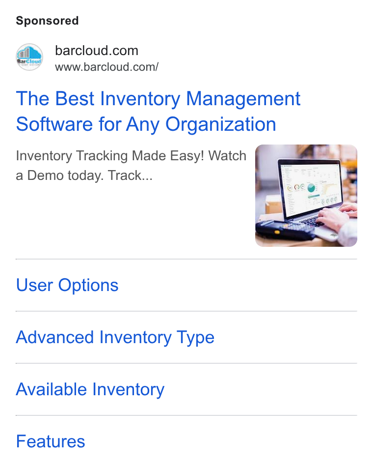 BarCloud ad on Google Ads: www.barcloud.com/ The Best Inventory Management Software for Any Organization Inventory Tracking Made Easy! Watch a Demo today. Track... User Options Advanced Inventory Type Available Inventory Features
