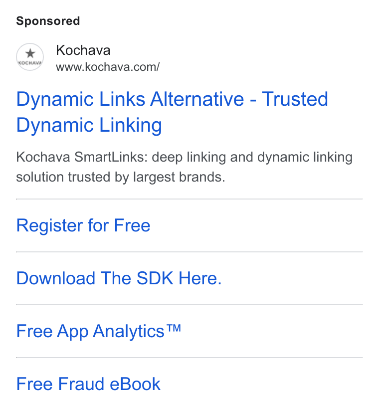 Kochava ad on Google Ads: Dynamic Links Alternative - Trusted Dynamic Linking Kochava Smart Links: deep linking and dynamic linking solution trusted by largest brands. Register for Free Download The SDK Here. Free App Analytics ™ Free Fraud e Book