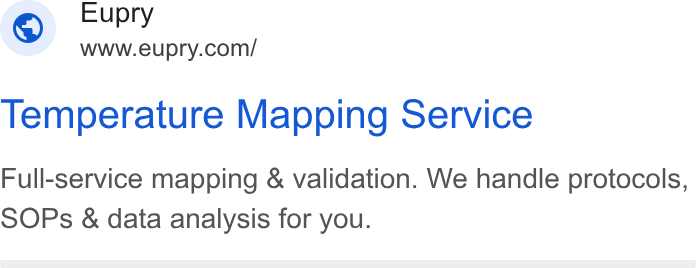 Eupry ad on Google Ads: Temperature Mapping Service Full-service mapping & validation. We handle protocols, SOPs & data analysis for you.