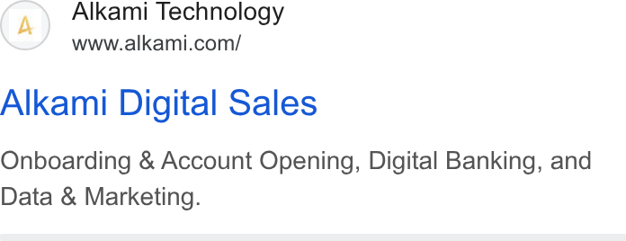 Alkami Technology ad on Google Ads: Alkami Digital Sales Onboarding & Account Opening, Digital Banking, and Data & Marketing.