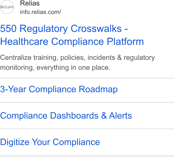 Relias ad on Google Ads: 550 Regulatory Crosswalks - Healthcare Compliance Platform Centralize training, policies, incidents & regulatory monitoring, everything in one place. 3-Year Compliance Roadmap Compliance Dashboards & Alerts Digitize Your Compliance