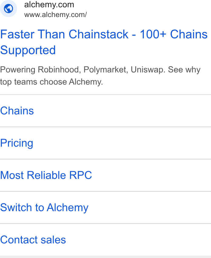 Alchemy ad on Google Ads: Www.alchemy.com/ Faster Than Chainstack - 100+ Chains Supported Powering Robinhood, Polymarket, Uniswap. See why top teams choose Alchemy. Chains Pricing Most Reliable RPC Switch to Alchemy Contact sales