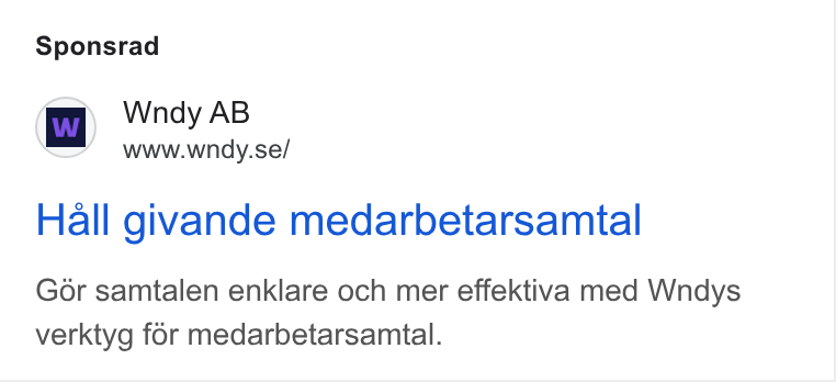 Wndy ad on Google Ads: Sponsrad Hall givande medarbetarsamtal Gor samtalen enklare och mer effektiva med Wndys verktyg for medarbetarsamtal.