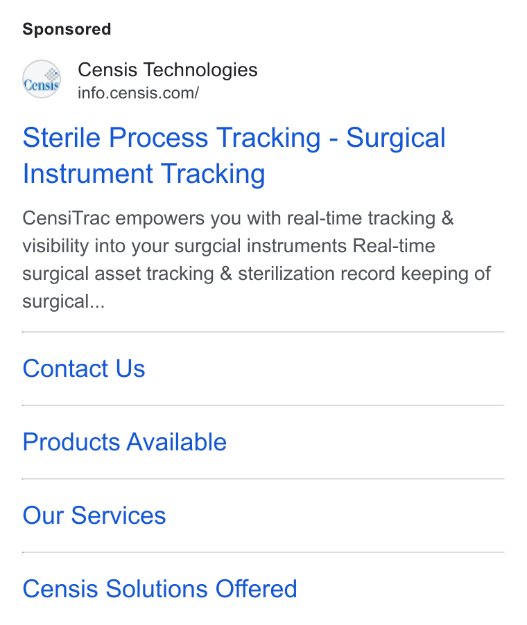 Censis Technologies ad on Google Ads: Sterile Process Tracking - Surgical Instrument Tracking Censi Trac empowers you with real-time tracking & visibility into your surgcial instruments Real-time surgical asset tracking & sterilization record keeping of surgical... Contact Us Products Available Our Services Censis Solutions Offered