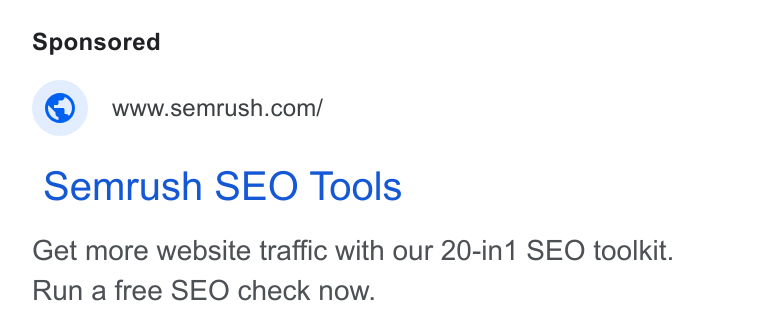 Semrush Google ad: Search text ad