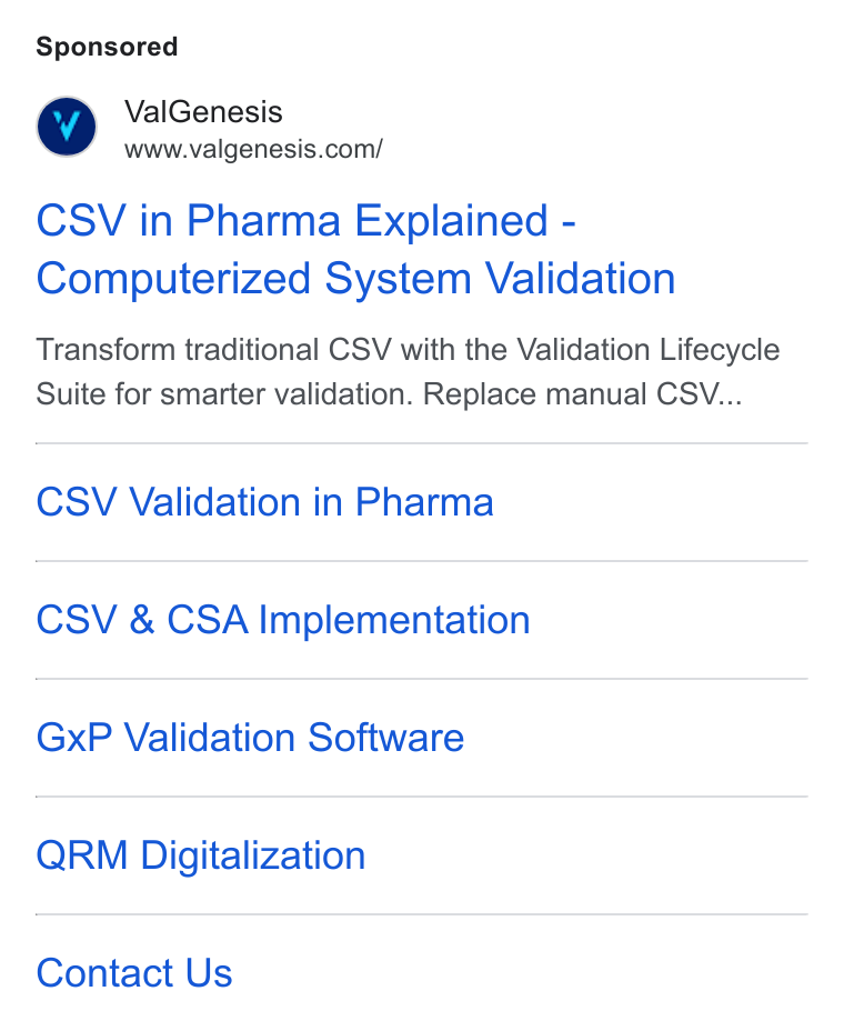 ValGenesis ad on Google Ads: CSV in Pharma Explained - Computerized System Validation Transform traditional CSV with the Validation Lifecycle Suite for smarter validation. Replace manual CSV... CSV Validation in Pharma CSV & CSA Implementation Gx P Validation Software QRM Digitalization Contact Us