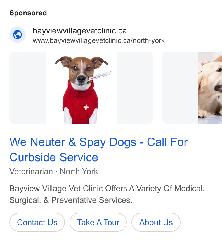 PetDesk ad on Google Ads: www.bayviewvillagevetclinic.ca/north-york We Neuter & Spay Dogs - Call For Curbside Service Veterinarian - North York Bayview Village Vet Clinic Offers A Variety Of Medical, Surgical, & Preventative Services. Contact Us } ( Take ATour } ( About Us }