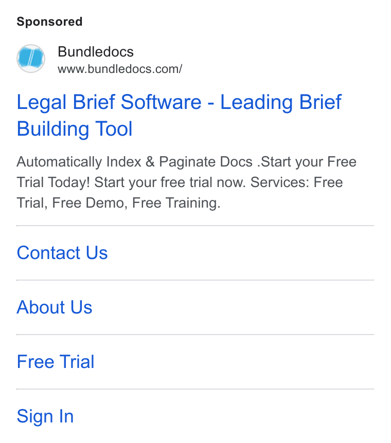 Bundledocs ad on Google Ads: Legal Brief Software - Leading Brief Building Tool Automatically Index & Paginate Docs . Start your Free Trial Today! Start your free trial now. Services: Free Trial, Free Demo, Free Training. Contact Us About Us Free Trial Sign In