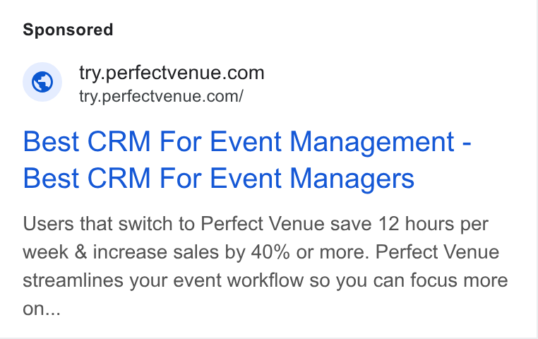 Perfect Venue ad on Google Ads: try.perfectvenue.com/ Best CRM For Event Management - Best CRM For Event Managers Users that switch to Perfect Venue save 12 hours per week & increase sales by 40% or more. Perfect Venue streamlines your event workflow so you can focus more on...