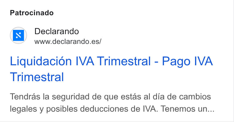 Declarando ad on Google Ads: Patrocinado Liquidacion IVA Trimestral - Pago IVA Trimestral Tendras la seguridad de que estas al dia de cambios legales y posibles deducciones de IVA. Tenemos un...