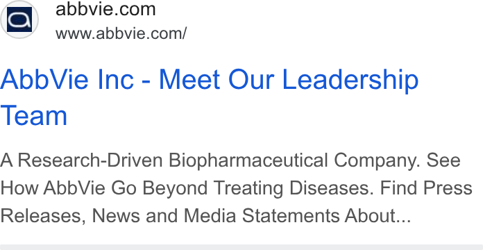 AbbVie ad on Google Ads: www.abbvie.com/ Abb Vie Inc - Meet Our Leadership Team A Research-Driven Biopharmaceutical Company. See How Abb Vie Go Beyond Treating Diseases. Find Press Releases, News and Media Statements About...