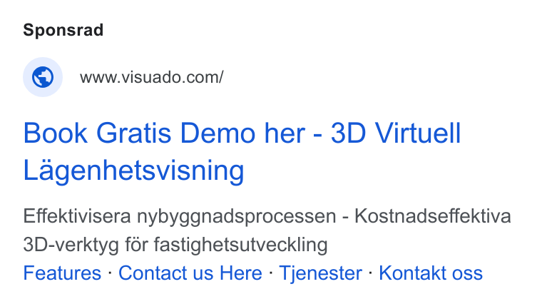 Visuado ad on Google Ads: Book Gratis Demo her - 3D Virtuell Lagenhetsvisning Effektivisera nybyggnadsprocessen - Kostnadseffektiva 3D-verktyg for fastighetsutveckling Features - Contact us Here - Tjenester - Kontakt oss