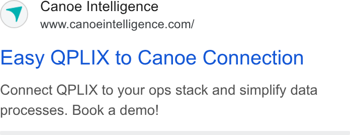 Canoe Intelligence ad on Google Ads: Easy QPLIX to Canoe Connection Connect QPLIX to your ops stack and simplify data processes. Book a demo!