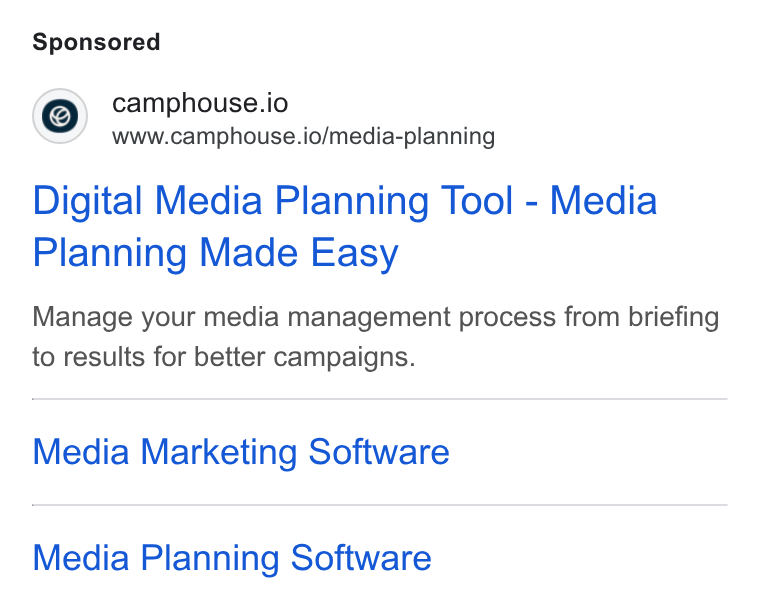 Camphouse ad on Google Ads: camphouse.io www.camphouse.io/media-planning Digital Media Planning Tool - Media Planning Made Easy Manage your media management process from briefing to results for better campaigns. Media Marketing Software Media Planning Software