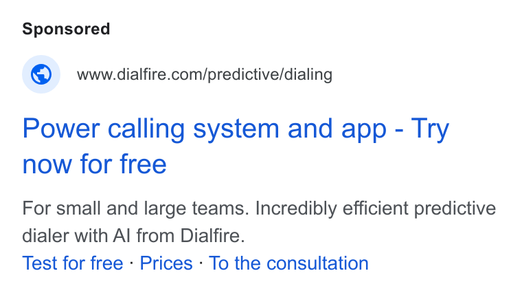 Appointlet ad on Google Ads: Power calling system and app - Try now for free For small and large teams. Incredibly efficient predictive dialer with Al from Dialfire. Test for free - Prices : To the consultation