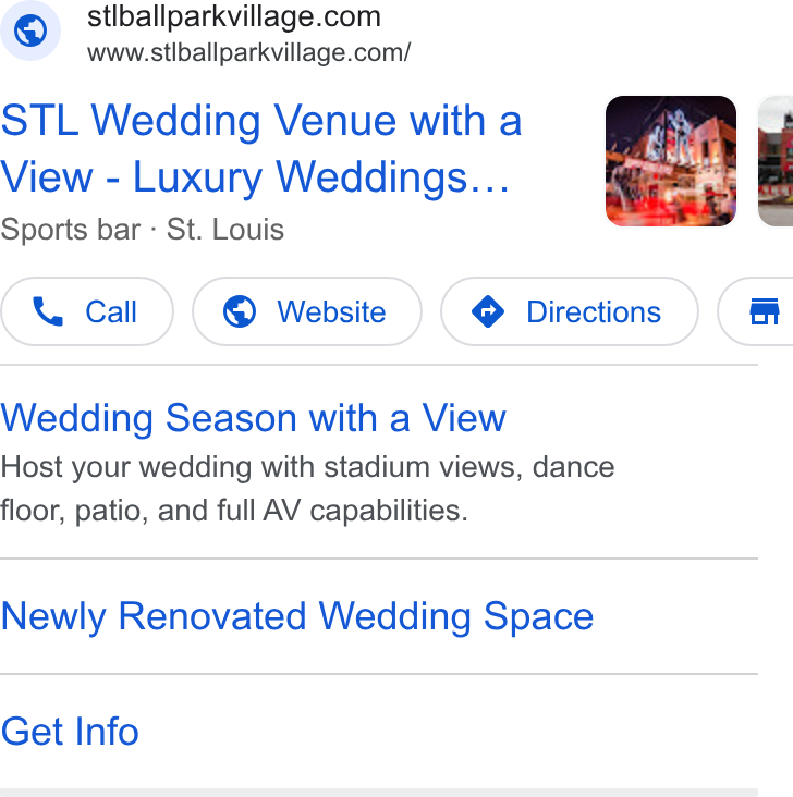 Tripleseat ad on Google Ads: www.stlballparkvillage.com/ STL Wedding Venue with a View - Luxury Weddings... Sports bar - St. Louis Call )} ( @ Website } ( } Directions Cm Wedding Season with a View Host your wedding with stadium views, dance floor, patio, and full AV capabilities. Newly Renovated Wedding Space Get Info