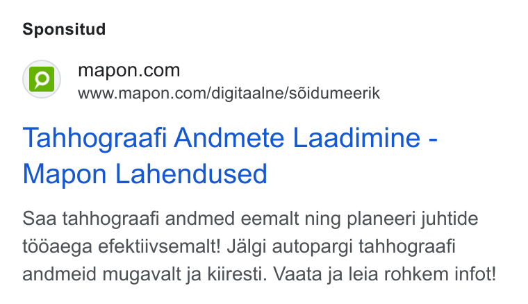 Mapon ad on Google Ads: www.mapon.com/digitaalne/séidumeerik Tahhograafi Andmete Laadimine - Mapon Lahendused Saa tahhograafi andmed eemalt ning planeeri juhtide t6daega efektiivsemalt! Jalgi autopargi tahhograafi andmeid mugavalt ja kiiresti. Vaata ja leia rohkem infot!
