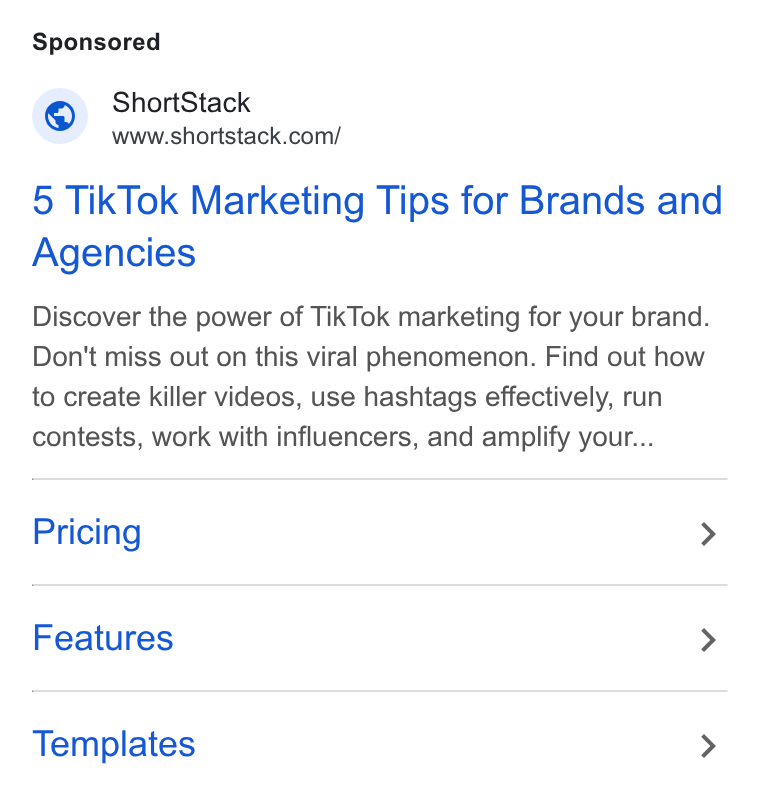 ShortStack ad on Google Ads: 5 Tik Tok Marketing Tips for Brands and Agencies Discover the power of Tik Tok marketing for your brand. Don't miss out on this viral phenomenon. Find out how to create killer videos, use hashtags effectively, run contests, work with influencers, and amplify your... Pricing > Features > Templates >