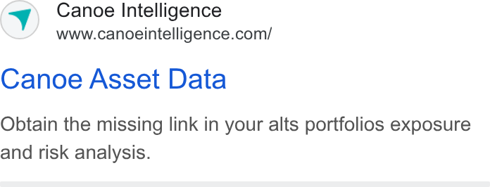 Canoe Intelligence ad on Google Ads: Canoe Asset Data Obtain the missing link in your alts portfolios exposure and risk analysis.