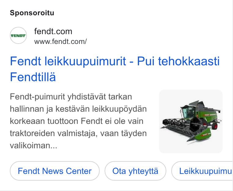 AGCO ad on Google Ads: www.fendt.com/ Fendt leikkuupuimurit - Pui tehokkaasti Fenditilla Fendt-puimurit yhdistavat tarkan hallinnan ja kestavan leikkuupéydan korkeaan tuottoon Fendt ei ole vain traktoreiden valmistaja, vaan tayden valikoiman... Fendt News Center Ota yhteytta Leikkuupuimu ee