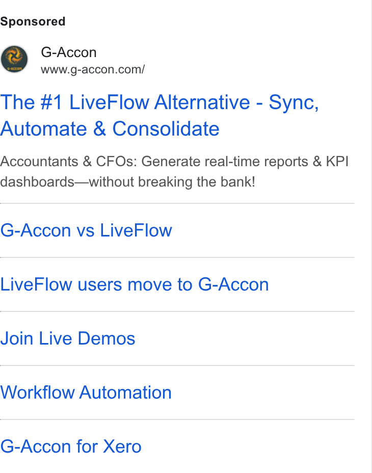 G-Accon ad on Google Ads: The #1 Live Flow Alternative - Sync, Automate & Consolidate Accountants & CFOs: Generate real-time reports & KPI dashboards—without breaking the bank! G-Accon vs Live Flow Live Flow users move to G-Accon Join Live Demos Workflow Automation G-Accon for Xero