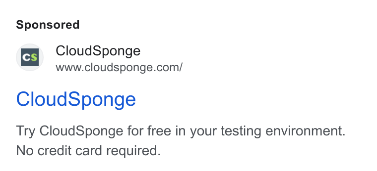 CloudSponge ad on Google Ads: Cloud Sponge Try Cloud Sponge for free in your testing environment. No credit card required.
