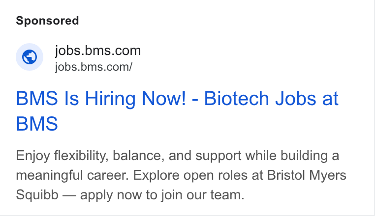 Bristol-Myers Squibb ad on Google Ads: jobs.bms.com/ BMS Is Hiring Now! - Biotech Jobs at BMS Enjoy flexibility, balance, and support while building a meaningful career. Explore open roles at Bristol Myers Squibb — apply now to join our team.