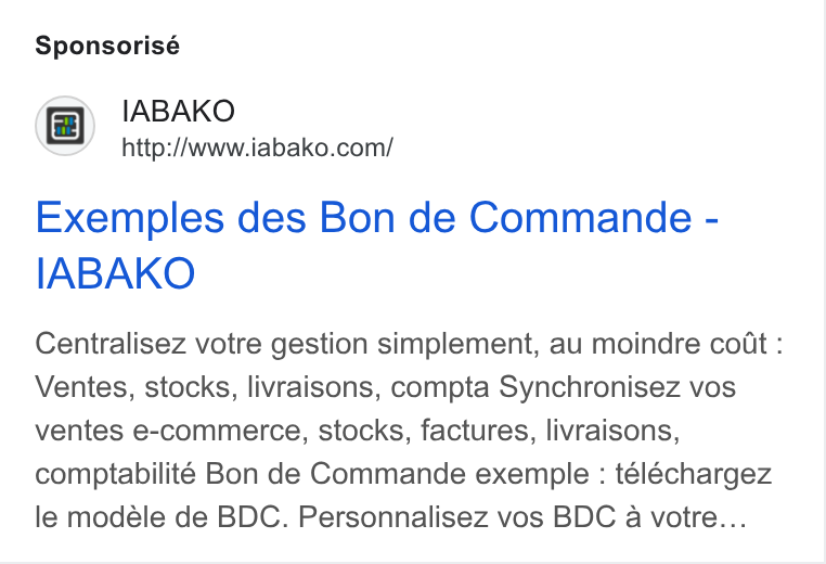 IABAKO ad on Google Ads: Sponsorisé Exemples des Bon de Commande - IABAKO Centralisez votre gestion simplement, au moindre coat : Ventes, stocks, livraisons, compta Synchronisez vos ventes e-commerce, stocks, factures, livraisons, comptabilité Bon de Commande exemple : téléchargez le modéle de BDC. Personnalisez vos BDC a votre...