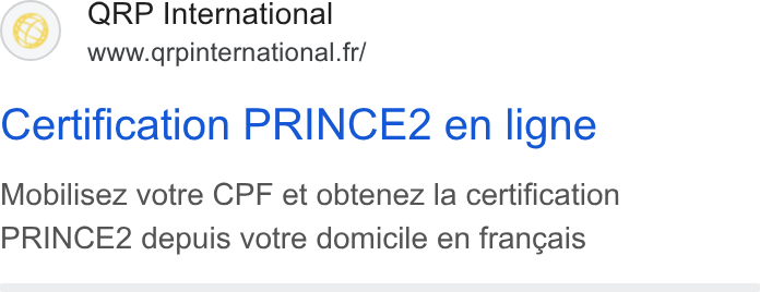 aNewSpring ad on Google Ads: Certification PRINCE2 en ligne Mobilisez votre CPF et obtenez la certification PRINCE2 depuis votre domicile en frangais