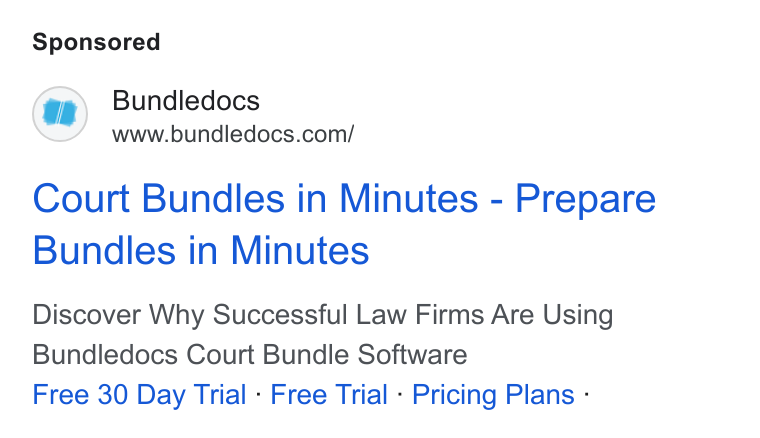 Bundledocs ad on Google Ads: Court Bundles in Minutes - Prepare Bundles in Minutes Discover Why Successful Law Firms Are Using Bundledocs Court Bundle Software Free 30 Day Trial - Free Trial - Pricing Plans -