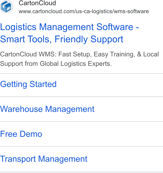 CartonCloud ad on Google Ads: Logistics Management Software - Smart Tools, Friendly Support Carton Cloud WMS: Fast Setup, Easy Training, & Local Support from Global Logistics Experts. Getting Started Warehouse Management Free Demo Transport Management