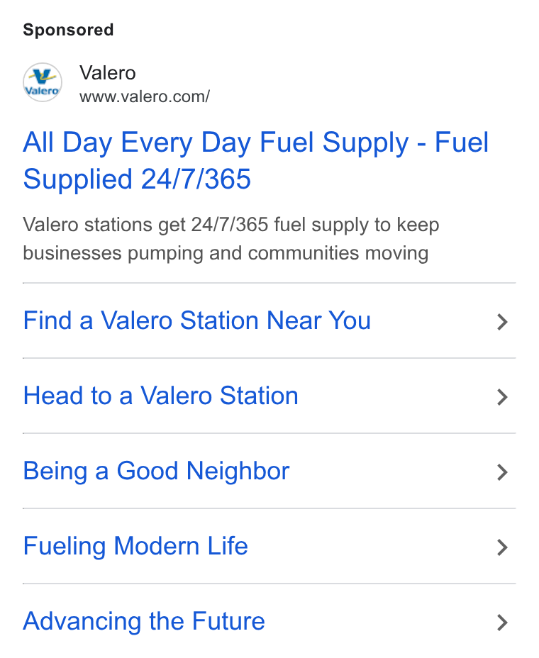 Valero Energy ad on Google Ads: All Day Every Day Fuel Supply - Fuel Supplied 24/7/365 Valero stations get 24/7/365 fuel supply to keep businesses pumping and communities moving Find a Valero Station Near You Head to a Valero Station Being a Good Neighbor Fueling Modern Life Advancing the Future