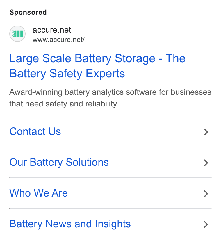 ACCURE Battery Intelligence ad on Google Ads: www.accure.net/ Large Scale Battery Storage - The Battery Safety Experts Award-winning battery analytics software for businesses that need safety and reliability. Contact Us > Our Battery Solutions > Who We Are > Battery News and Insights >