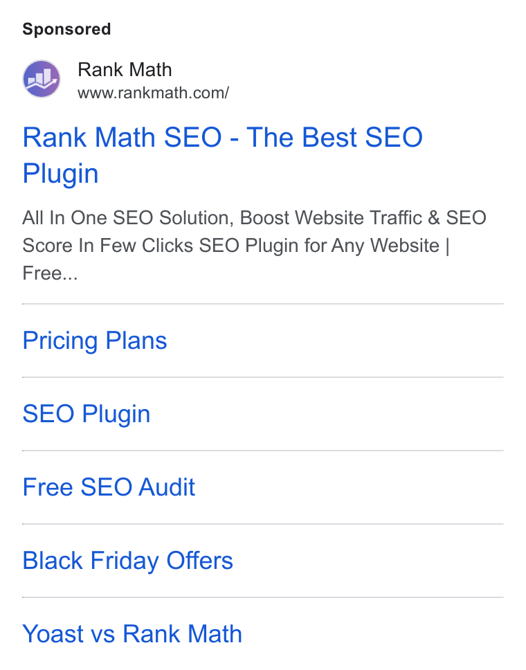 Rank Math ad on Google Ads: Rank Math SEO - The Best SEO Plugin All In One SEO Solution, Boost Website Traffic & SEO Score In Few Clicks SEO Plugin for Any Website | Free... Pricing Plans SEO Plugin Free SEO Audit Black Friday Offers Yoast vs Rank Math