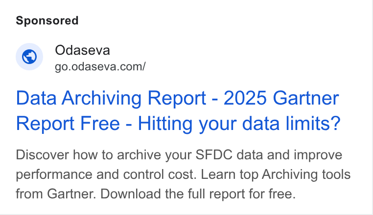 Odaseva ad on Google Ads: Data Archiving Report - 2025 Gartner Report Free - Hitting your data limits? Discover how to archive your SFDC data and improve performance and control cost. Learn top Archiving tools from Gartner. Download the full report for free.